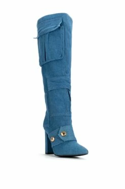 ALL OVER ME CHUNKY CARGO PATCHWORK BOOT IN DENIM -AZALEA WANG SHOP all over me chunky cargo patchwork boot in denim blue 3 3