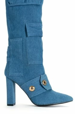 ALL OVER ME CHUNKY CARGO PATCHWORK BOOT IN DENIM -AZALEA WANG SHOP all over me chunky cargo patchwork boot in denim blue 5 5
