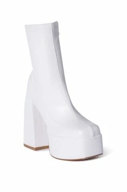 AZALEA WANG BE YOUR GIRL CHUNKY PLATFORM BOOTIE WITH 4 WAY STRETCH IN WHITE -AZALEA WANG SHOP azalea wang be your girl chunky platform bootie in white white 3 3