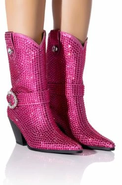 AZALEA WANG BIG SLAY RHINESTONE EMBELLISHED WESTERN BOOTIE IN PINK