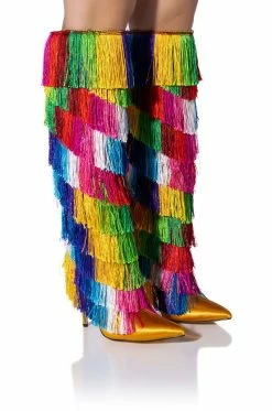 AZALEA WANG BRING THE PARTY KNEE HIGH BOOT WITH RAINBOW FRINGE
