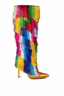 AZALEA WANG BRING THE PARTY KNEE HIGH BOOT WITH RAINBOW FRINGE -AZALEA WANG SHOP azalea wang bring the party knee high boot with rainbow fringe multi 2 2 c1
