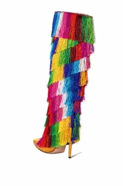 AZALEA WANG BRING THE PARTY KNEE HIGH BOOT WITH RAINBOW FRINGE -AZALEA WANG SHOP azalea wang bring the party knee high boot with rainbow fringe multi 4 4