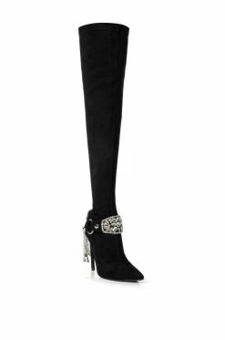 AZALEA WANG CAESAR KNEE HIGH RHINESTONE FRINGE BOOT IN BLACK -AZALEA WANG SHOP azalea wang caesar knee high rhinestone fringe boot in black black 3 3 c1 c1