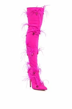 AZALEA WANG CAROLYN FEATHER EMBELLISHED PINK BOOT -AZALEA WANG SHOP azalea wang carolyn feather embellished pink boot pink 3 3