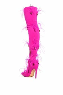 AZALEA WANG CAROLYN FEATHER EMBELLISHED PINK BOOT -AZALEA WANG SHOP azalea wang carolyn feather embellished pink boot pink 4 4