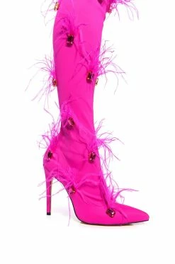 AZALEA WANG CAROLYN FEATHER EMBELLISHED PINK BOOT -AZALEA WANG SHOP azalea wang carolyn feather embellished pink boot pink 5 5