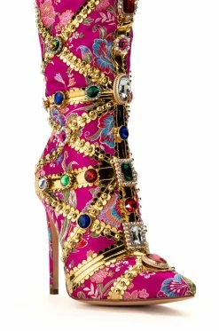AZALEA WANG CONFIDENT EMBELLISHED BOOT IN PINK -AZALEA WANG SHOP azalea wang confident embellished boot in pink pink 5 5