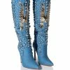 AZALEA WANG DENIM AND DIAMONDS KNEE HIGH STILETTO WESTERN BOOT IN DENIM -AZALEA WANG SHOP azalea wang denim and diamonds knee high stiletto western boot in denim denim 1 1