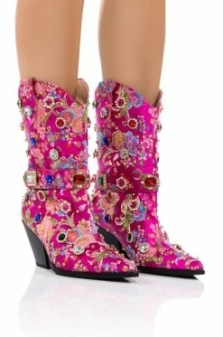 AZALEA WANG DILIGENT GEM EMBELLISHED BROCADE WESTERN BOOTIE IN PINK