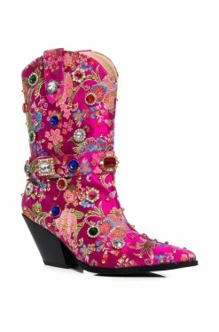 AZALEA WANG DILIGENT GEM EMBELLISHED BROCADE WESTERN BOOTIE IN PINK -AZALEA WANG SHOP azalea wang diligent embellished bootie in pink pink 3 3