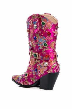 AZALEA WANG DILIGENT GEM EMBELLISHED BROCADE WESTERN BOOTIE IN PINK -AZALEA WANG SHOP azalea wang diligent embellished bootie in pink pink 4 4