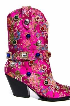 AZALEA WANG DILIGENT GEM EMBELLISHED BROCADE WESTERN BOOTIE IN PINK -AZALEA WANG SHOP azalea wang diligent embellished bootie in pink pink 5 5