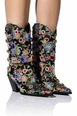 AZALEA WANG DILIGENT GEM EMBELLISHED BROCADE WESTERN BOOTIE IN BLACK