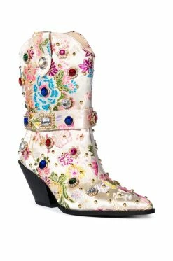 AZALEA WANG DILIGENT GEM EMBELLISHED BROCADE WESTERN BOOTIE IN BONE -AZALEA WANG SHOP azalea wang diligent gem embellished brocade western bootie in bone bone 3 3