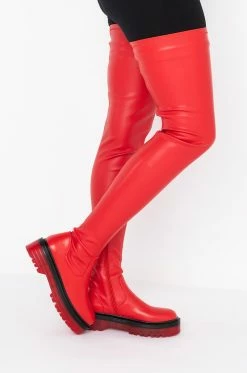 AZALEA WANG DO IT TO YA FLATFORM BOOT WITH 4 WAY STRETCH IN RED -AZALEA WANG SHOP azalea wang do it to ya flatform boot in red red 3 3