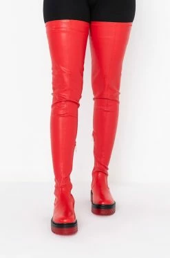 AZALEA WANG DO IT TO YA FLATFORM BOOT WITH 4 WAY STRETCH IN RED -AZALEA WANG SHOP azalea wang do it to ya flatform boot in red red 4 4