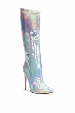 AZALEA WANG DONT WANNA FALL IN LOVE HOLOGRAPHIC STILETTO BOOT IN SILVER -AZALEA WANG SHOP azalea wang dont wanna fall in love holographic stiletto boot in silver silver 3 3