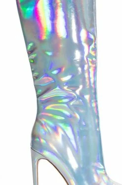 AZALEA WANG DONT WANNA FALL IN LOVE HOLOGRAPHIC STILETTO BOOT IN SILVER -AZALEA WANG SHOP azalea wang dont wanna fall in love holographic stiletto boot in silver silver 5 5
