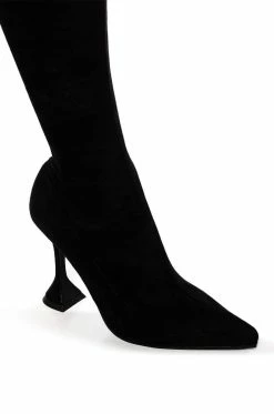AZALEA WANG ELEVATE THIGH HIGH STRETCH SUEDE BOOT IN BLACK -AZALEA WANG SHOP azalea wang elevate thigh high stretch suede boot in black black 5 5