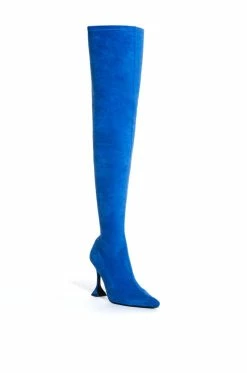 AZALEA WANG ELEVATE THIGH HIGH STRETCH SUEDE BOOT IN BLUE -AZALEA WANG SHOP azalea wang elevate thigh high stretch suede boot in blue blue 3 3