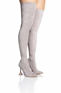 AZALEA WANG ELEVATE THIGH HIGH STRETCH SUEDE BOOT IN GREY -AZALEA WANG SHOP azalea wang elevate thigh high stretch suede boot in grey grey 1 1