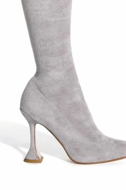 AZALEA WANG ELEVATE THIGH HIGH STRETCH SUEDE BOOT IN GREY -AZALEA WANG SHOP azalea wang elevate thigh high stretch suede boot in grey grey 5 5