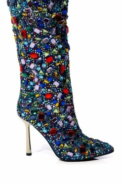 AZALEA WANG EMBER RHINESTONE DENIM STILETTO BOOT IN MULTI -AZALEA WANG SHOP azalea wang ember rhinestone denim stiletto boot in multi multi 5 5