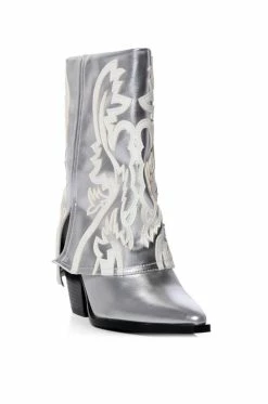 AZALEA WANG ESPERANZA WESTERN STYLE BOOTIE IN METALLIC SILVER -AZALEA WANG SHOP azalea wang esperanza western style bootie in metallic silver silver 3 3 c1