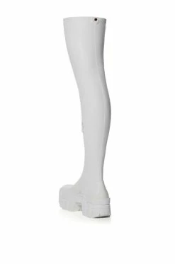AZALEA WANG FAVORED PU THIGH HIGH BOOT WITH 4 WAY STRETCH IN WHITE -AZALEA WANG SHOP azalea wang favored pu thigh high boot with 4 way stretch in white white 4 4