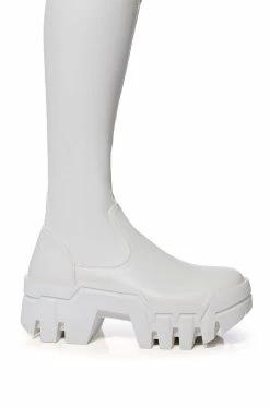 AZALEA WANG FAVORED PU THIGH HIGH BOOT WITH 4 WAY STRETCH IN WHITE -AZALEA WANG SHOP azalea wang favored pu thigh high boot with 4 way stretch in white white 5 5