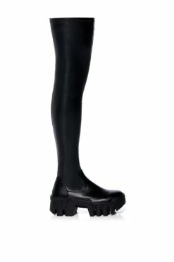 AZALEA WANG FAVORED PU THIGH HIGH BOOT WITH 4 WAY STRETCH IN BLACK -AZALEA WANG SHOP azalea wang favored stretch pu thigh high boot in black black 2 2