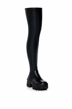 AZALEA WANG FAVORED PU THIGH HIGH BOOT WITH 4 WAY STRETCH IN BLACK -AZALEA WANG SHOP azalea wang favored stretch pu thigh high boot in black black 3 3