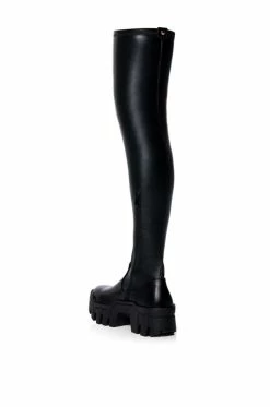AZALEA WANG FAVORED PU THIGH HIGH BOOT WITH 4 WAY STRETCH IN BLACK -AZALEA WANG SHOP azalea wang favored stretch pu thigh high boot in black black 4 4