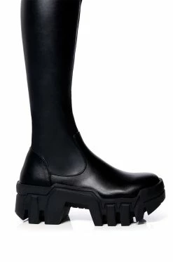 AZALEA WANG FAVORED PU THIGH HIGH BOOT WITH 4 WAY STRETCH IN BLACK -AZALEA WANG SHOP azalea wang favored stretch pu thigh high boot in black black 5 5