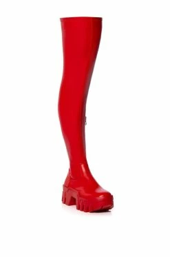 AZALEA WANG FAVORED PU THIGH HIGH BOOT WITH 4 WAY STRETCH IN RED -AZALEA WANG SHOP azalea wang favored stretch pu thigh high boot in red red 3 3