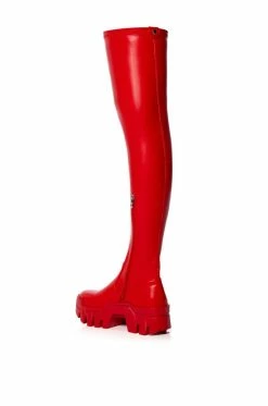 AZALEA WANG FAVORED PU THIGH HIGH BOOT WITH 4 WAY STRETCH IN RED -AZALEA WANG SHOP azalea wang favored stretch pu thigh high boot in red red 4 4