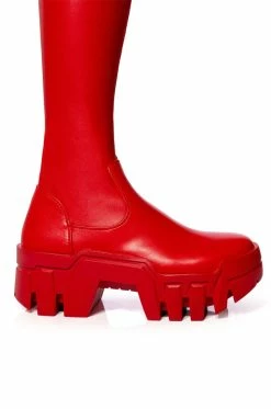 AZALEA WANG FAVORED PU THIGH HIGH BOOT WITH 4 WAY STRETCH IN RED -AZALEA WANG SHOP azalea wang favored stretch pu thigh high boot in red red 5 5