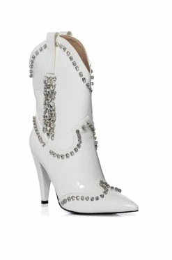 AZALEA WANG FREIDA EMBELLISHED BOOTIE IN WHITE -AZALEA WANG SHOP azalea wang freida embellished western stiletto bootie in white white 3 3
