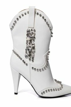 AZALEA WANG FREIDA EMBELLISHED BOOTIE IN WHITE -AZALEA WANG SHOP azalea wang freida embellished western stiletto bootie in white white 5 5