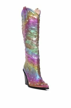 AZALEA WANG FREYA STAR STUDDED IRIDESCENT WESTERN BOOT IN PURPLE -AZALEA WANG SHOP azalea wang freya star studded iridescent western boot in purple purple 3 3