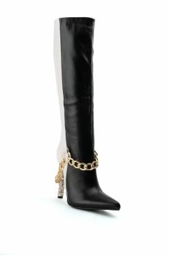 AZALEA WANG HYPE ME UP KNEE HIGH CHAIN BOOT IN BLACK WHITE -AZALEA WANG SHOP azalea wang hype me up knee high chain boot in black white black white 3 3