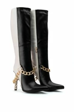 AZALEA WANG HYPE ME UP KNEE HIGH CHAIN BOOT IN BLACK WHITE -AZALEA WANG SHOP azalea wang hype me up knee high chain boot in black white black white 5 5