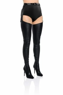 AZALEA WANG IM MOVIN ON BELTED THIGH HIGH STILETTO CHAP BOOT WITH 4 WAY STRETCH -AZALEA WANG SHOP azalea wang im movin on belted thigh high stiletto chap boot with 4 way stretch black pu 1 1 c1