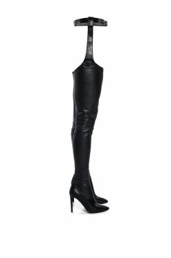 AZALEA WANG IM MOVIN ON BELTED THIGH HIGH STILETTO CHAP BOOT WITH 4 WAY STRETCH -AZALEA WANG SHOP azalea wang im movin on belted thigh high stiletto chap boot with 4 way stretch black pu 2 2
