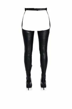 AZALEA WANG IM MOVIN ON BELTED THIGH HIGH STILETTO CHAP BOOT WITH 4 WAY STRETCH -AZALEA WANG SHOP azalea wang im movin on belted thigh high stiletto chap boot with 4 way stretch black pu 4 4