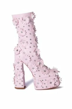AZALEA WANG ISNT SHE LOVELY FLORAL RHINESTONE CHUNKY HEEL BOOTIE IN PINK -AZALEA WANG SHOP azalea wang isnt she lovely floral rhinestone chunky heel bootie in pink pink 2 2