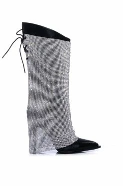 AZALEA WANG LACE ME UP RHINESTONE MESH OVERLAY STILETTO BOOT IN BLACK -AZALEA WANG SHOP azalea wang lace me up rhinestone mesh overlay stiletto boot in black black 2 2