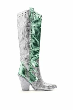 AZALEA WANG LEITTEN CHUNKY WESTERN RHINESTONE BOOT IN GREEN -AZALEA WANG SHOP azalea wang leitten chunky western rhinestone boot in green green 2 2