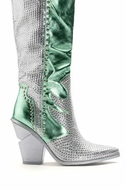 AZALEA WANG LEITTEN CHUNKY WESTERN RHINESTONE BOOT IN GREEN -AZALEA WANG SHOP azalea wang leitten chunky western rhinestone boot in green green 5 5